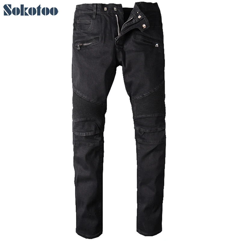 

Sokotoo Men's big size black biker jeans for moto Casual classic stretch denim pants Long trousers