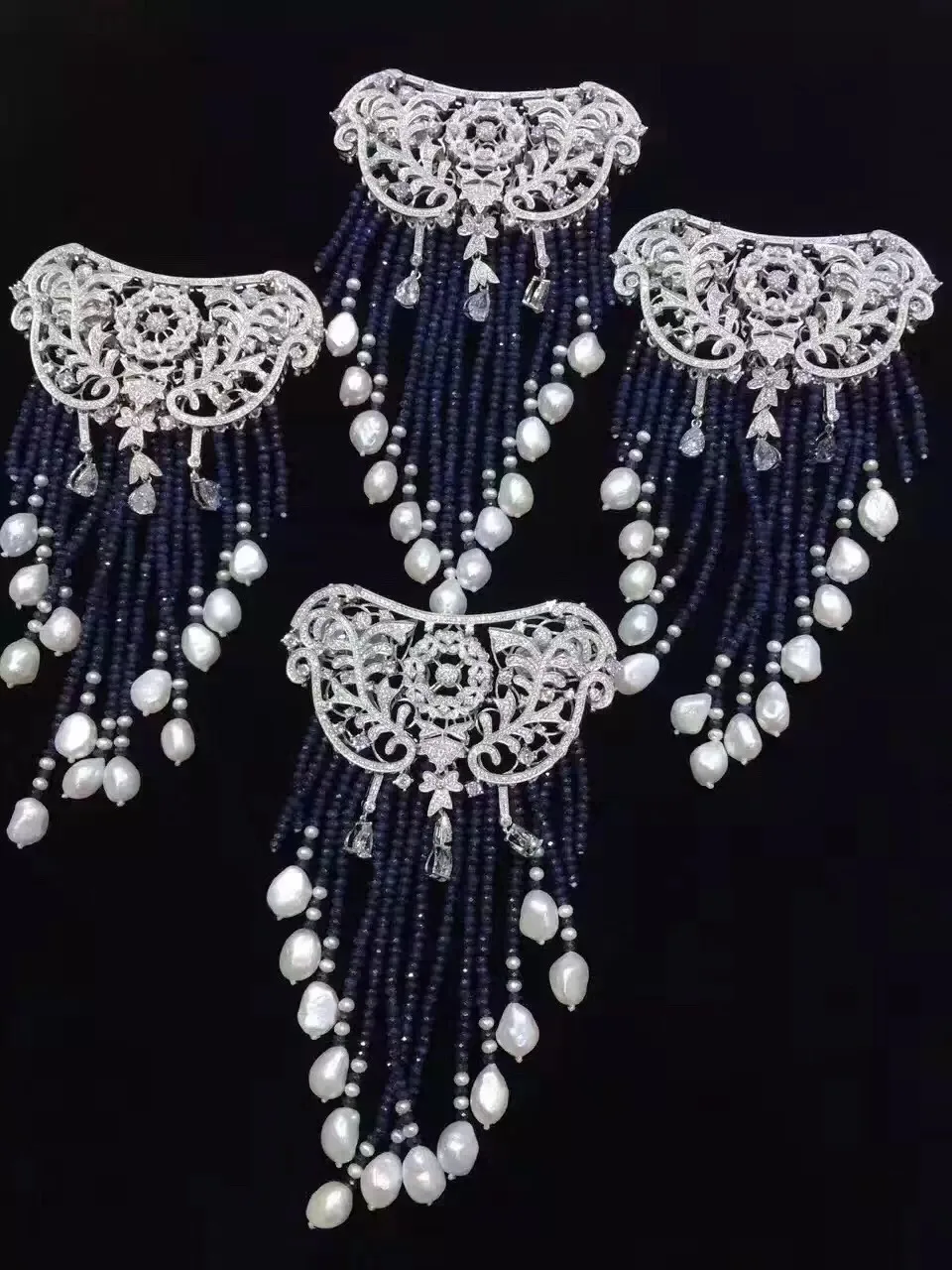 hyperbole Victoria natural fresh water pearl brooch and jewelry lock double use long tassels dark blue color 925 silver