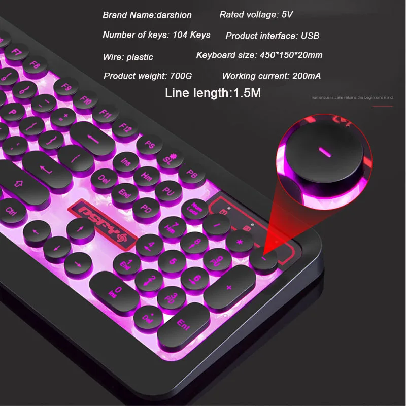 Russian English Gaming Keyboard  Retro Round Keycap Colorful Breathing Backlit 3-Color Light panel USB Wired For Laptop PC