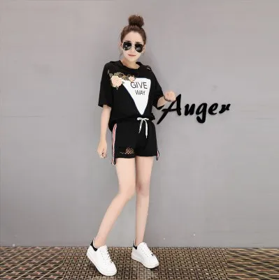 Fashion Women Sportswear suit Black white Short sleeve Striped Cotton Summer Casual Tracksuits Popular Womens Sporting Suits