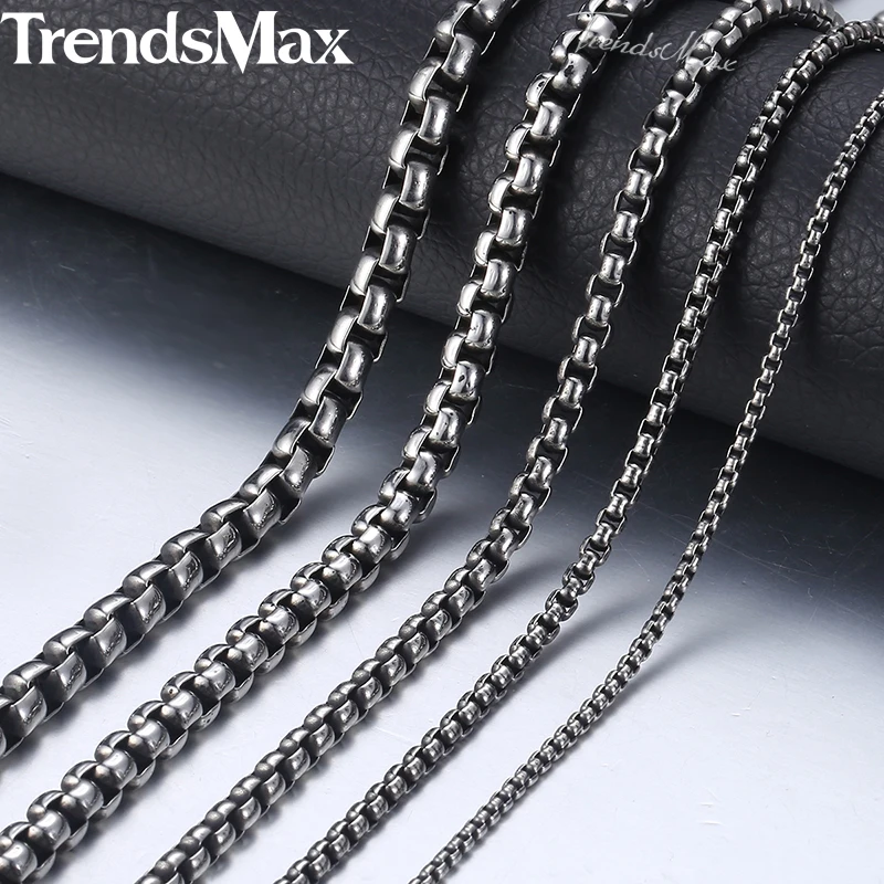 Trendsmax 2-6mm Stainless Steel Necklace For Men Women Gunmetal Color Round Box Link Chain Necklace Men Jewelry 18-36inch KNM06