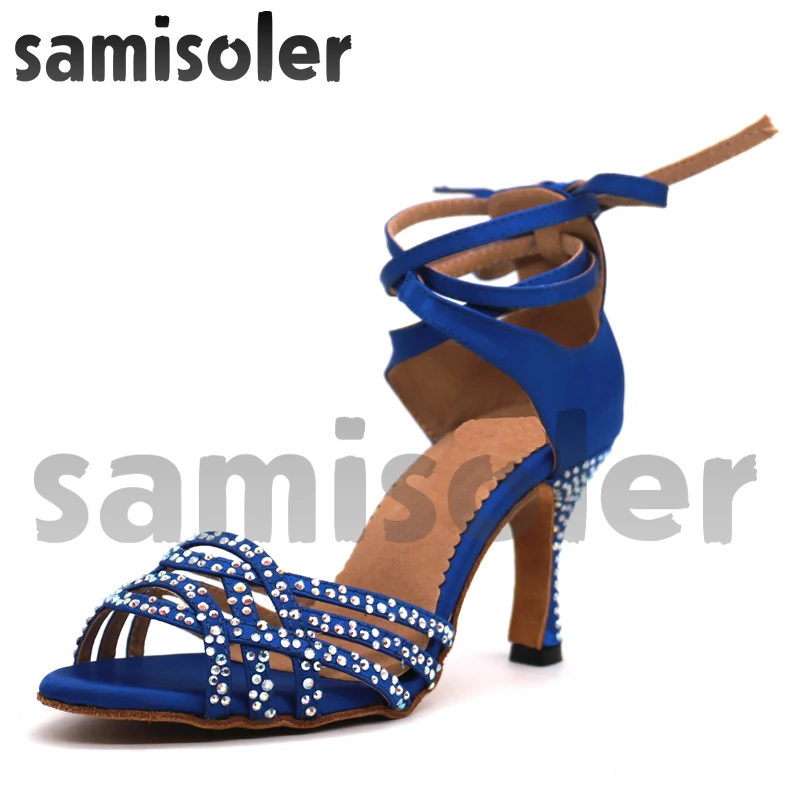 Samisoler Bule 2018 New Latin Dance Shoes Salsa Woman Satin  Soft Bottom Fashion Dance Sandals Rhinestone Ballroom Shoes