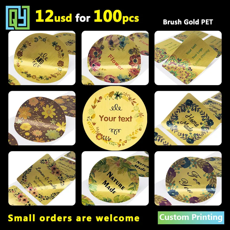 

100pcs 35mm custom printing hand made home cooking stickers thank you My Love For you wedding gift seal Brush Golden PET labels