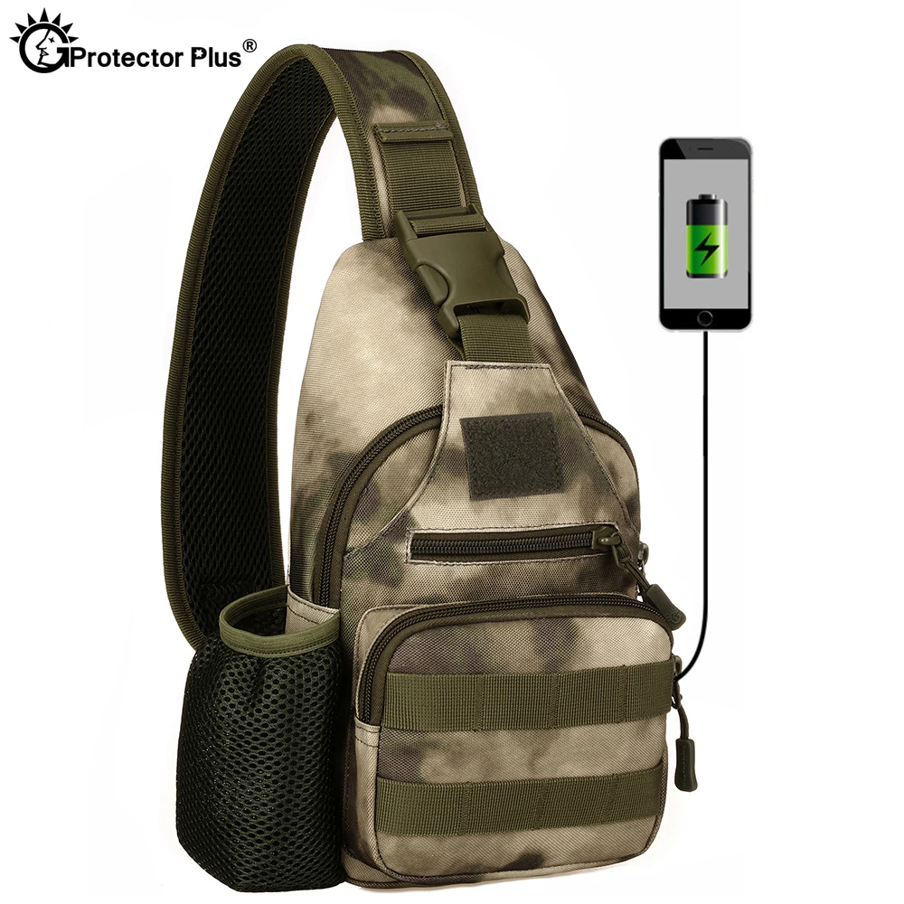 PROTECTOR PLUS Outdoor  Tactical USB Charging Chest bag Camouflage Men\'s Shoulder Crossbody Bag Travel Camping Cycling