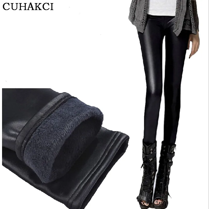 CUHAKCI New Design Black Leather Leggings Thickening Skinny Winter Legging Warm Casual Trousers Women Leggins High Quality