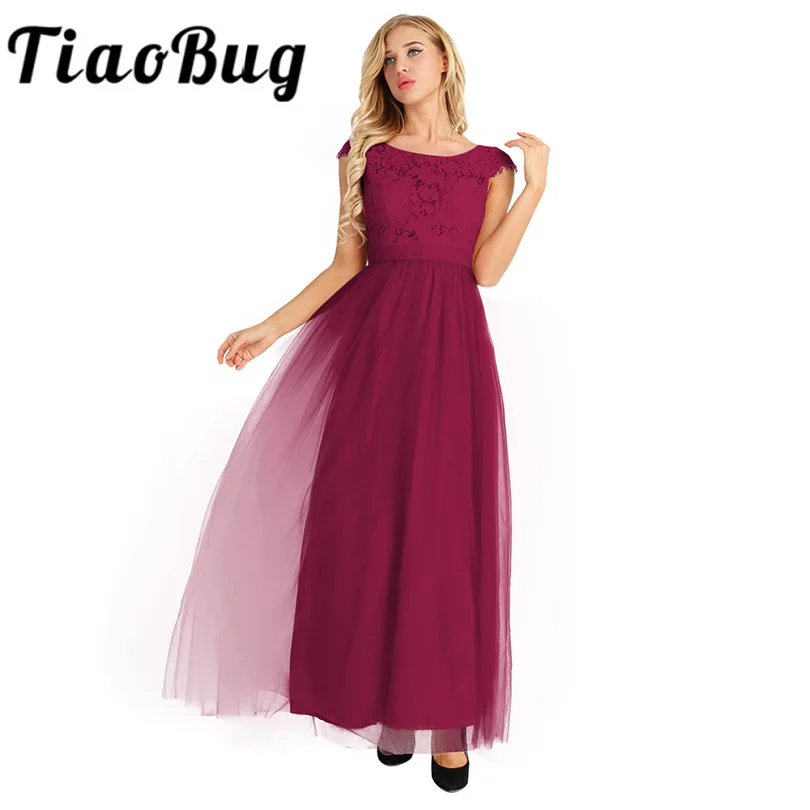 TiaoBug Vrouwen Dames Sexy Cap Mouw Kant Tule Bruidsmeisje Bridal Baljurk Jurk Lange Prom Gown Tulle Lace Tutu Party jurken