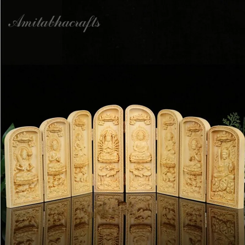 

Rosewood crafts eight Buddha Statue Boxwood Carving Amitabha Maitreya saint lotus seat eight patron ornaments Box Free ship