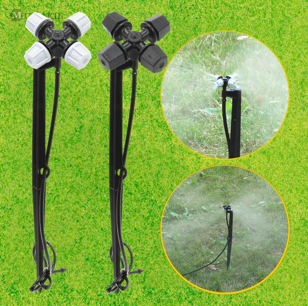 

MUCIAKIE 10 SETS Misting Cross Spray Nozzle Atomization on 45cm Spike Garden Irrigation Cooling Sprinklers Micro Drip Drippers