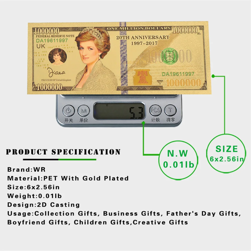 WR الأميرة ديانا 24k الملونة الذهب الأوراق النقدية تحصيل الأعمال الهدايا التذكارية ورقة المال لعيد الميلاد #5