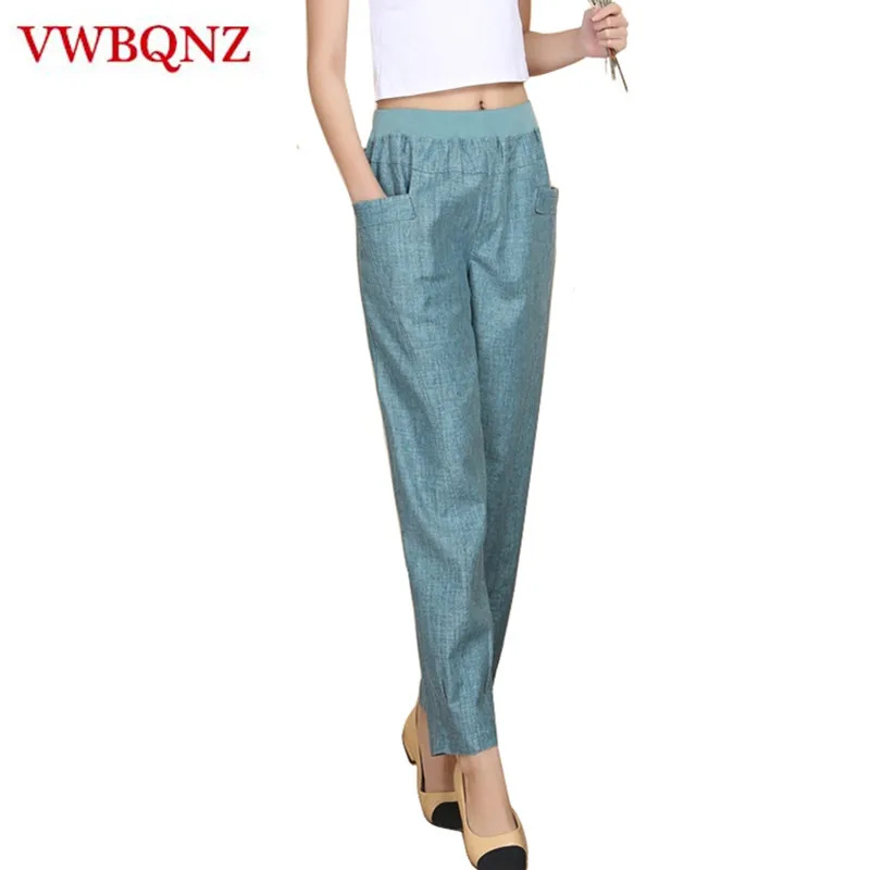 2024 Summer New Women Elastic waist Harem Pants Cotton Linen Little feet Trousers All match Casual Female Loose Pants L-4XL