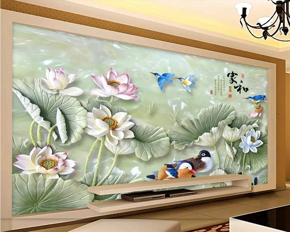 Beibehang Custom wallpaper lotus jade carving TV background wall home decoration living room bedroom background 3d wallpaper