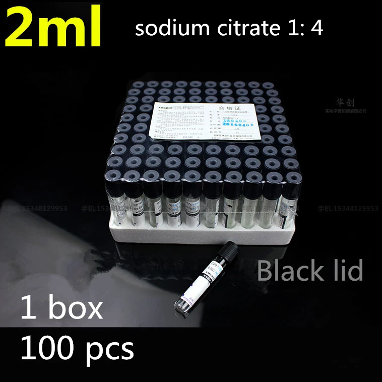 med Disposable 2ml Vacuum blood vessel sodium citrate 1: 4 black cap blood tube immersed in sodium citrate Black lid Laboratory