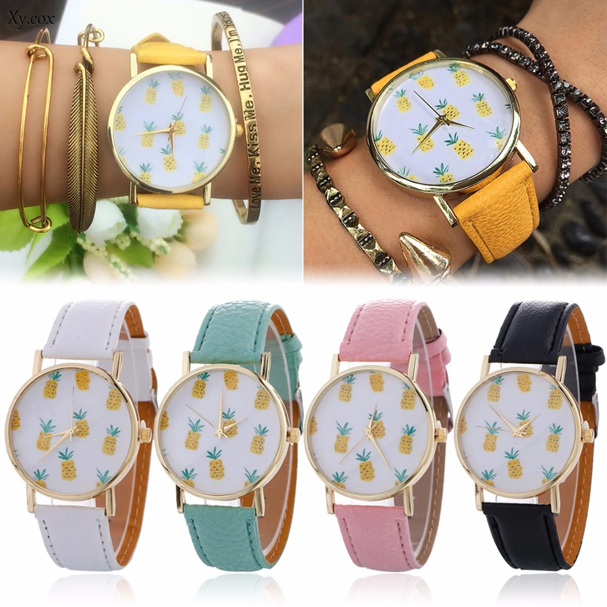 Women's Fashion Pineapple Pattern Leather Band Analog Quartz Wrist Watch