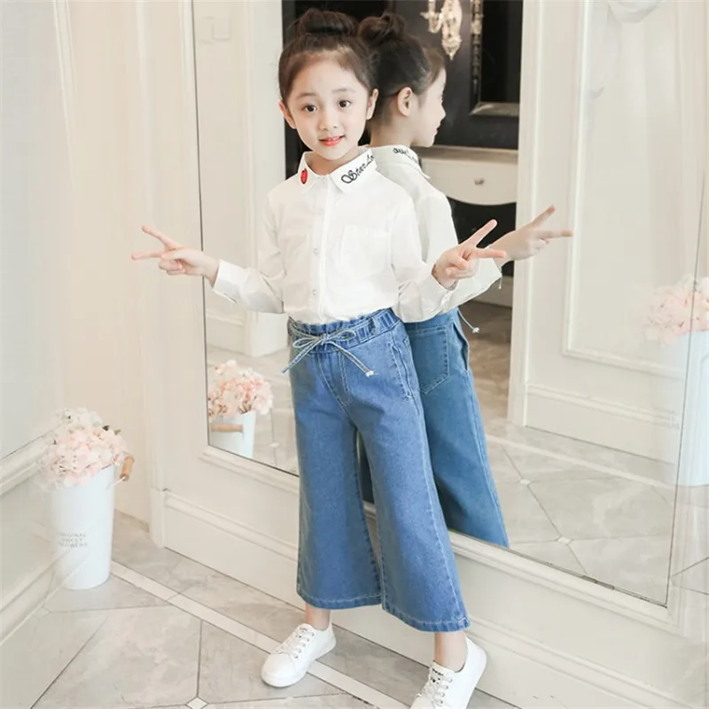 Jeans à jambes larges pour petite fille, pantalon denim bleu pour enfant de 7 à 8 ans, nouvelle collection automne