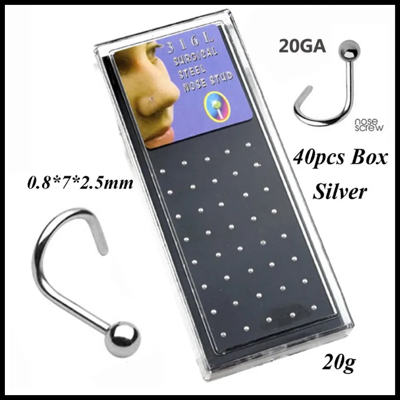 Lot of 40pcs 316l Surgical Steel Hollow Heart Screw Nose Bone Piercing With L Shape Mixed Clear Colors Nose Stud Rings Jewelry