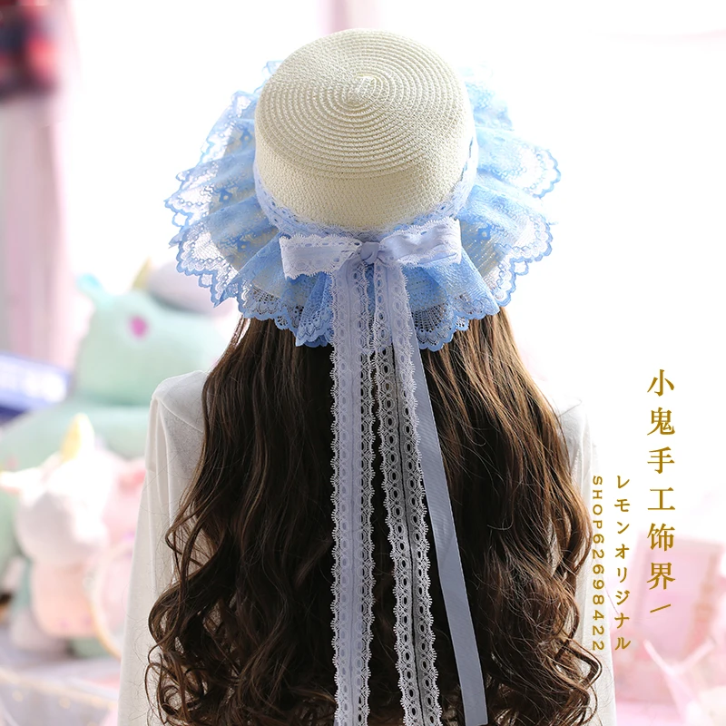 Meng soft girl lolita lolita princess dress lace bow light blue pastoral sun hat straw summer travel