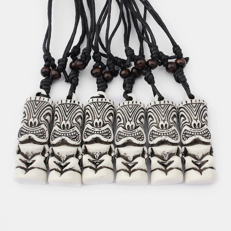 1Pcs Brown/White Faux Yak Bone Tribal Tiki Man Totem Zealand Maori Tiki Totem Amulet Pendant Necklace Jewelry