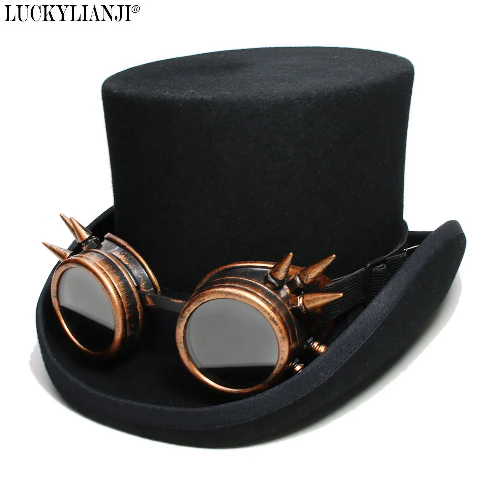 

LUCKYLIANJI Women Men Dome Flat Top Steam Punk Rivet Windproof Goggles Wool Felt Magician President Lincoln Gentleman Bowler Hat