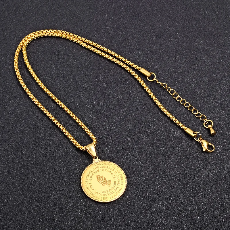 Hip Hop Men\'s Cross Bible Praying Hands Necklace For Men Gold Color Stainless Steel Chain Round Pendant Religious Jewelry Gift
