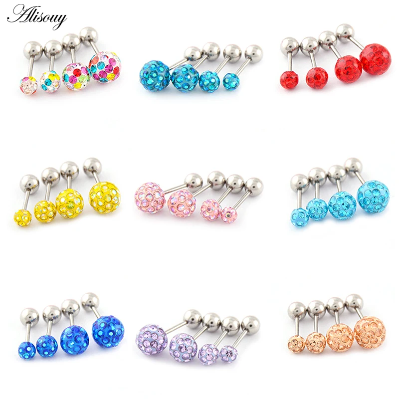 Alisouy 2pcs/lot 3/4/5/6mm 316L Stainless Steel Epoxy Crystal Threaded Ball Body Piercing Jewelry 20GLip Labret Eyebrow Ear Ring