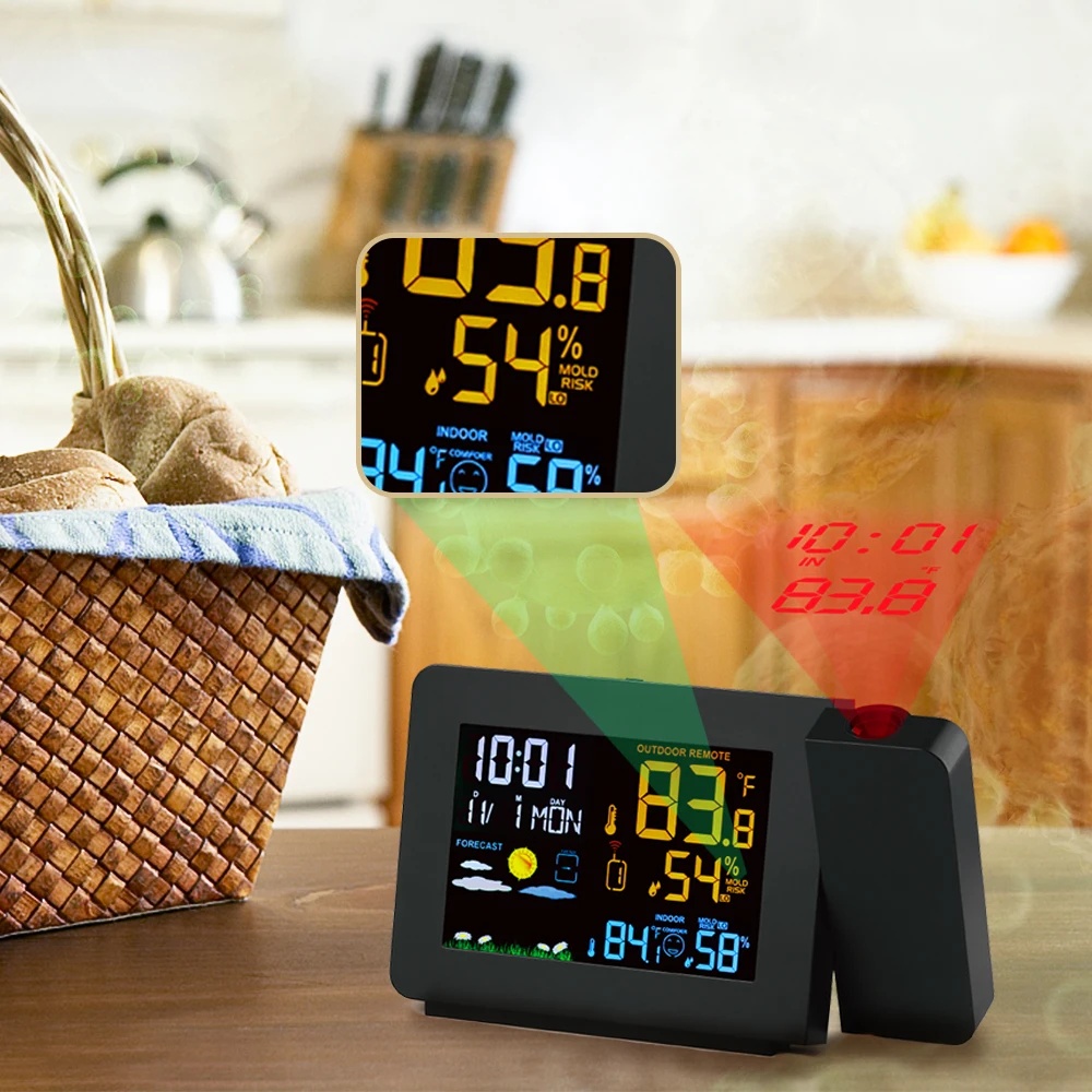 Projection Alarm Clock Weather Station Snooze Function Colorful Backlight  Desk Table Led With Temperature Humidity Sensor