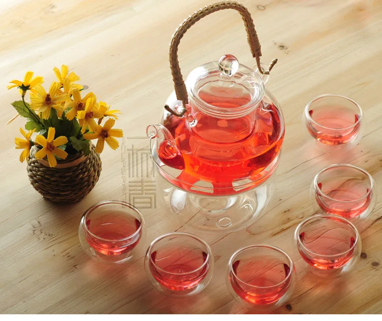 

Rattan handle 800ml Glass teapot with infuser/filter+ 4/6 Double-wall Glass Cups, Warmer,candle,coffee set for Chinese/puer tea