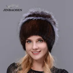 JINBAOSEN Woman Winter Fur Fashion Real Fur Hat Mink Fur Rabbit Natural Fox Knit Wool Ski Hat Warm Ear Protection Travel Hat