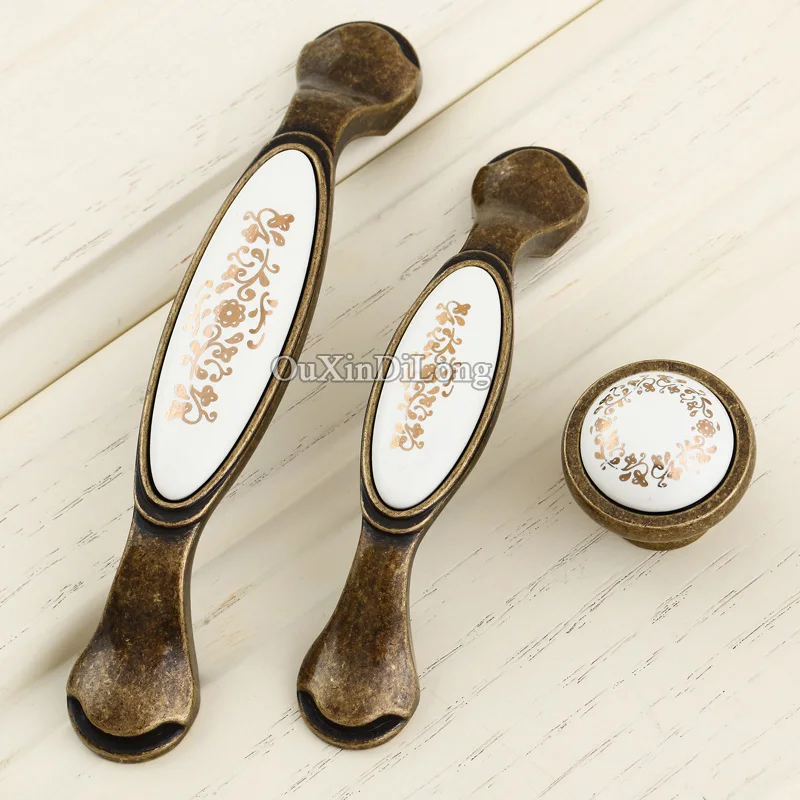 10PCS European Antique Kitchen Door Furniture Handle Ceramic Printing Drawer Wardrobe Cupboard Cabinet Pulls Knobs&Handles