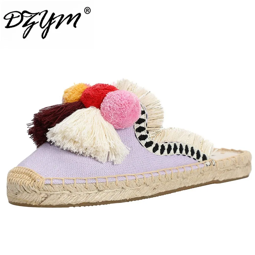 

DZYM Spring Summer New Hemp Flax Fisherman Shoes Women Slippers Tassel & Fluffy Ball Canvas Mule Shoes Espadrilles Slides