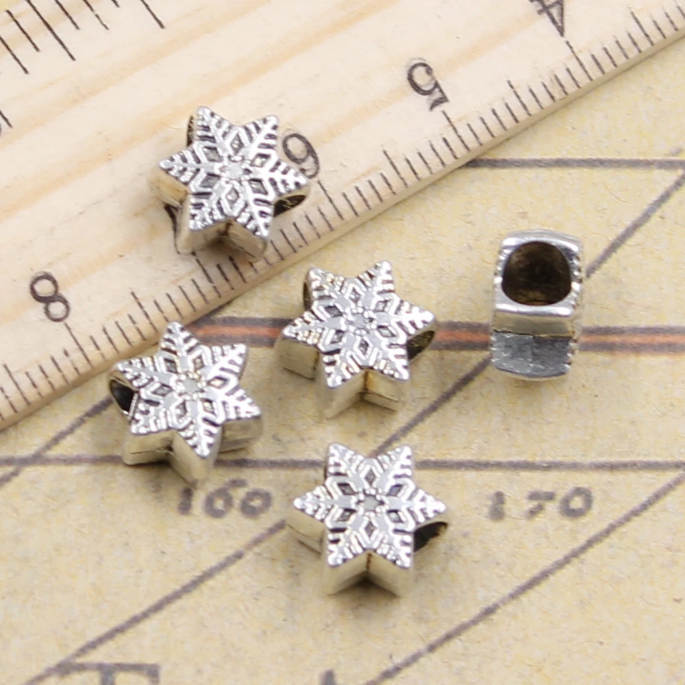 20pcs Beads Snow Snowflake 4.5mm Big Hole Vintage Charms European Pendant Fit For Bracelet DIY Antique Silver Color Fit Making