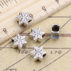 20pcs Beads Snow Snowflake 4.5mm Big Hole Vintage Charms European Pendant Fit For Bracelet DIY Antique Silver Color Fit Making