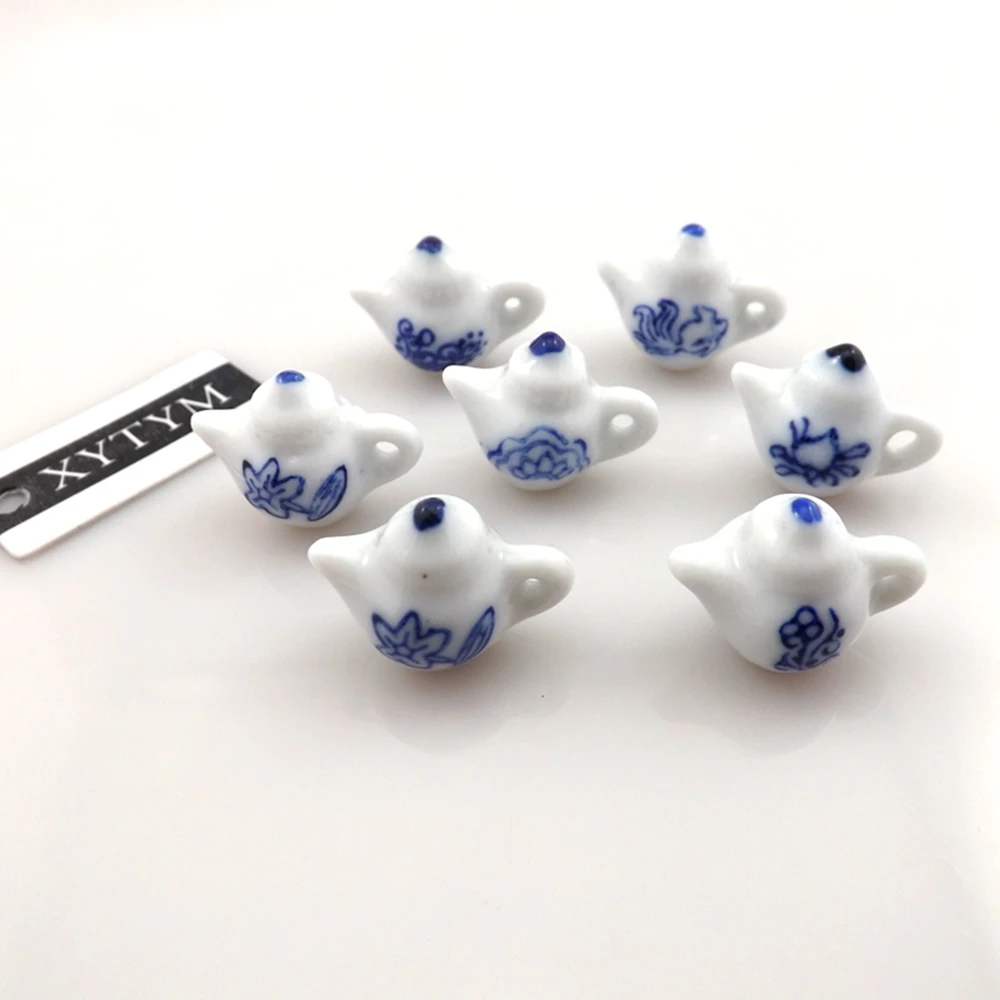 Fashion antique teapot ceramic pendants, antique Chinese teapot ceramic charms, blue-white porcelain style ceramic charms