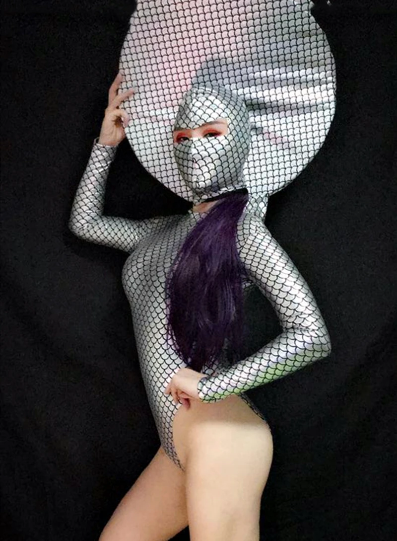 Silver Laser Fish Scale Pattern Mermaid Skinny Bodysuit Mask Big Headgear Female Dance Costume Club Bar Party Show Stage Outfit