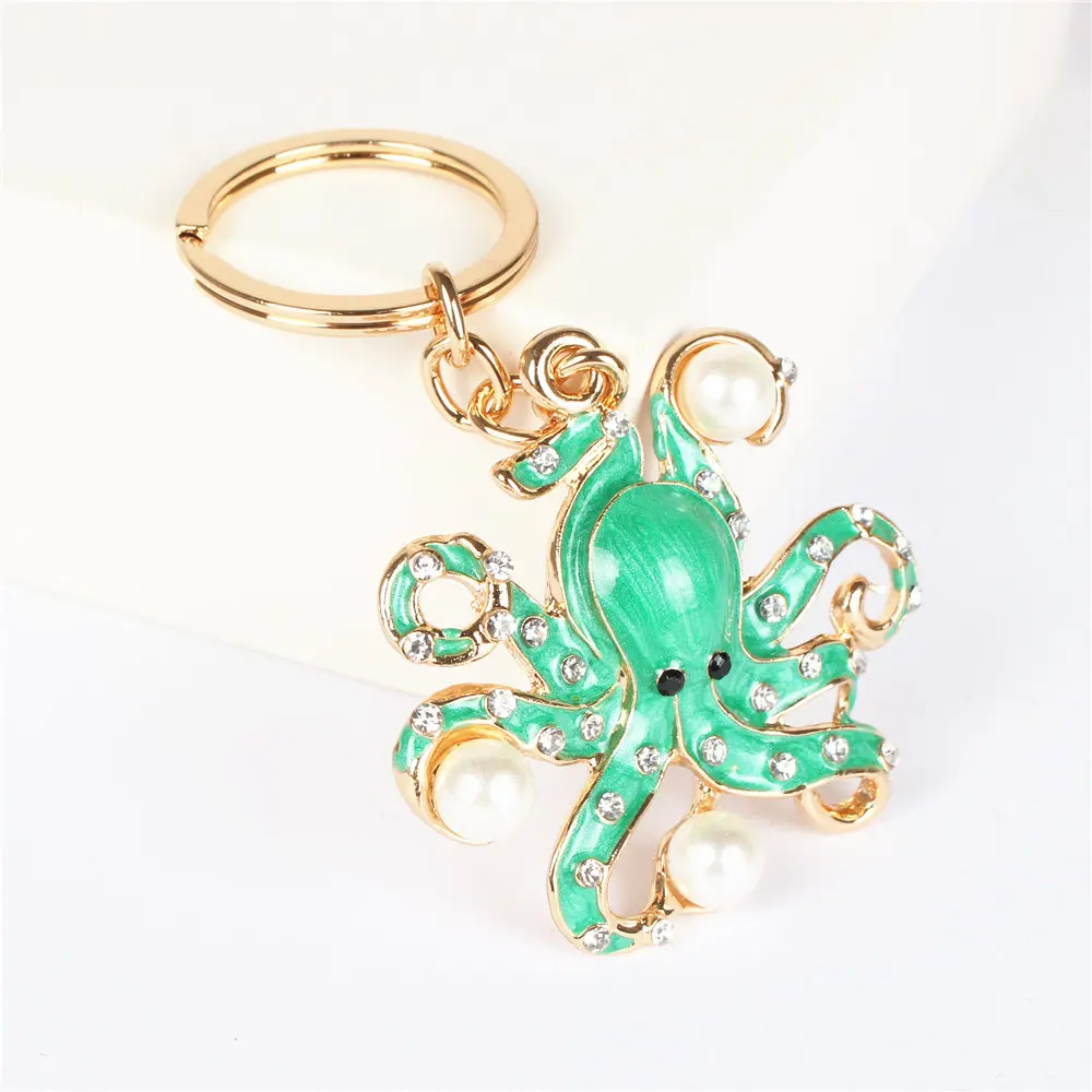 Green Octopus Pearl Cute Crystal Charm Purse Handbag Car Key Keyring Keychain Party Wedding Birthday Gift