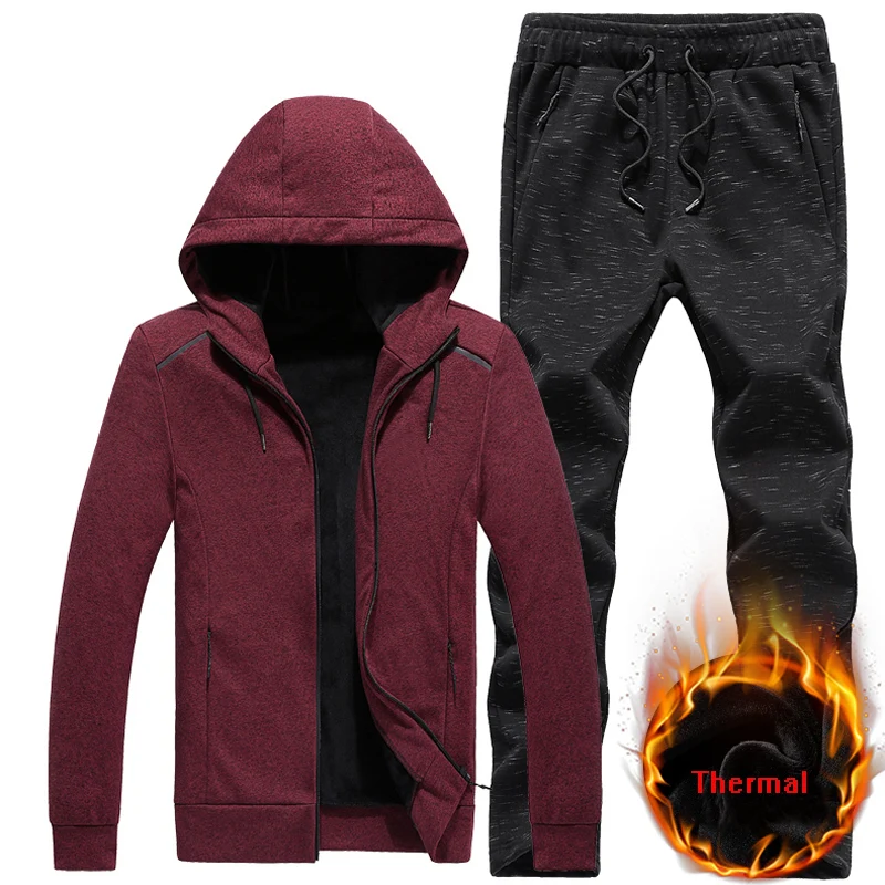 Warm Sportsuits Sets Men Hoodies Suits Color Cotton Fleece Fabric Man Tracksuit 7XL 8XL Sportswear Running Sets Gym Sport Suit