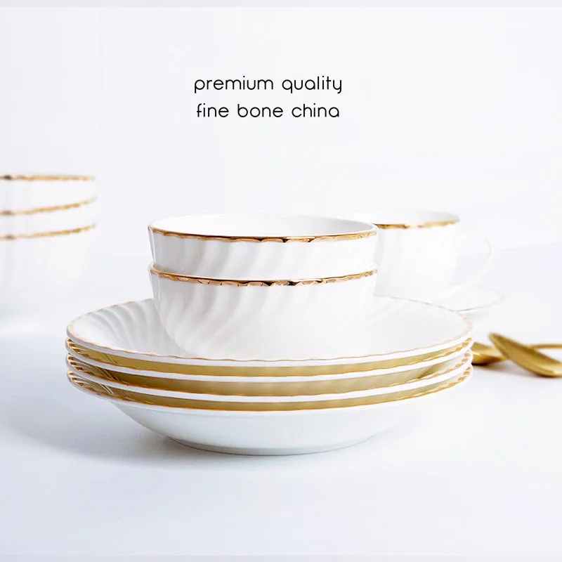 Bone China Plate and Bowl Set, Golden Edge Dinnerware, Food Pot, Spirle Snack Dish, High-Class Household Dinner Tool, Dinner Set