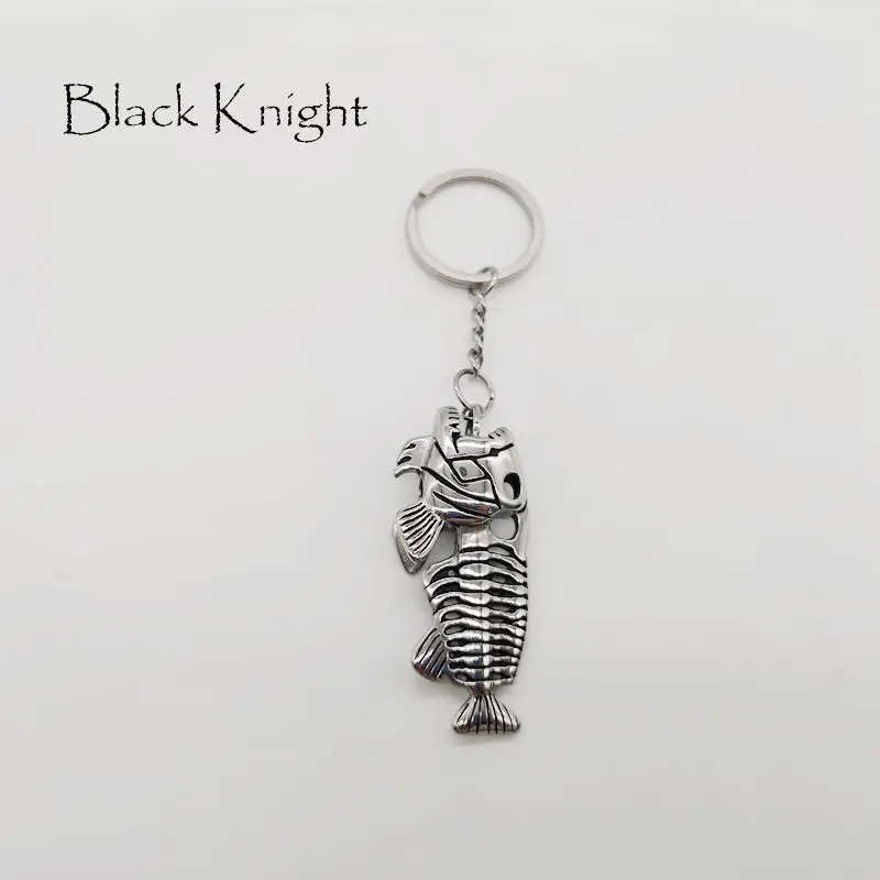 Black Knight Gothetic Fish bones key chain Retro silver color stainless steel Fish skull charm keyring hanging charm BLKN0193-KC