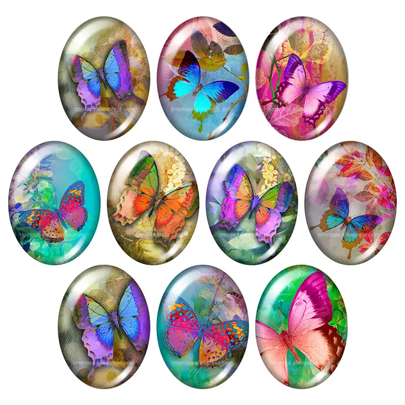 Beauty Magical Colorful Butterfly 10pcs 13x18mm/18x25mm/30x40mm mixed Oval photo glass cabochon demo flat back Jewelry findings