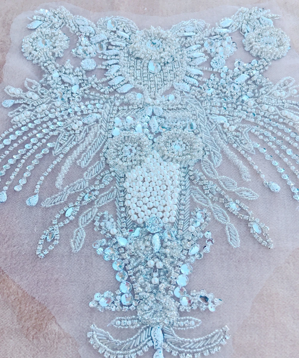 

Pure hand made silver sew on Rhinestones applique on mesh crystals patches trimming 40*37cm dress accessory