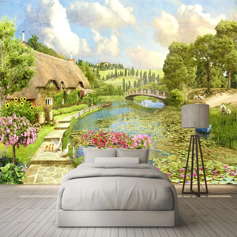 Photo Wallpaper 3D Pastoral Landscape Murals Living Room Bedroom Sofa Home Decor European Style Lake View 3D Papel De Parede