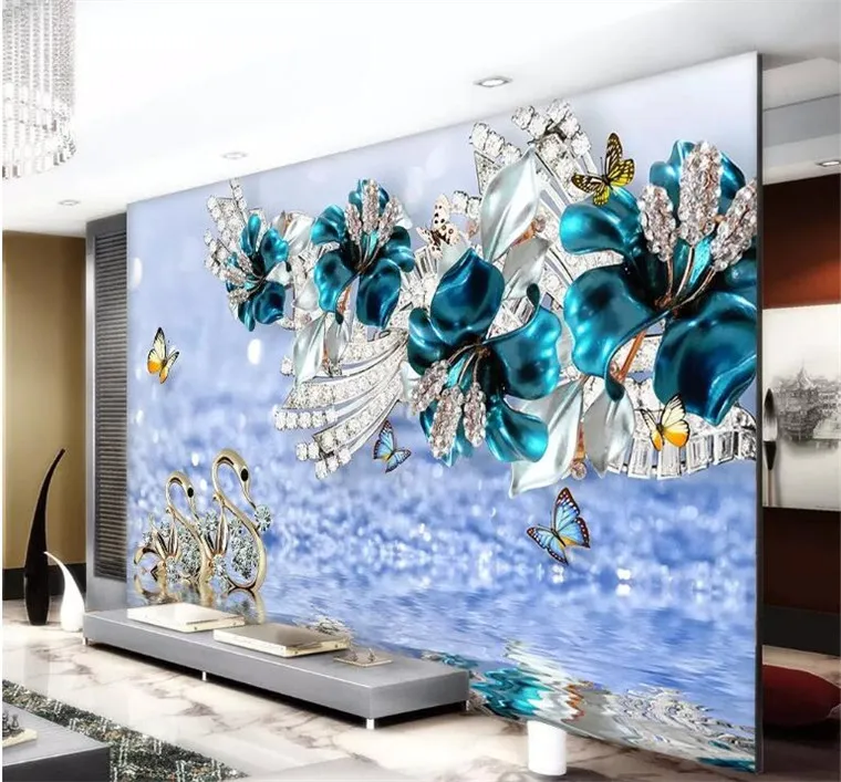 

Custom Photo Wallpaper Mural Sticker Luxury Swan Blue Flower Watermark Jewelery TV Wall Background papel de parede