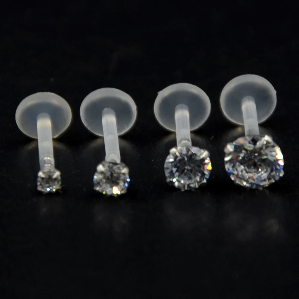 4pcs/lot 16g Clear CZ gem Bioplast Flexible Lip Labret Ring Tragus Cartilage Earring studs With Crystal stone Piercing Jewelry