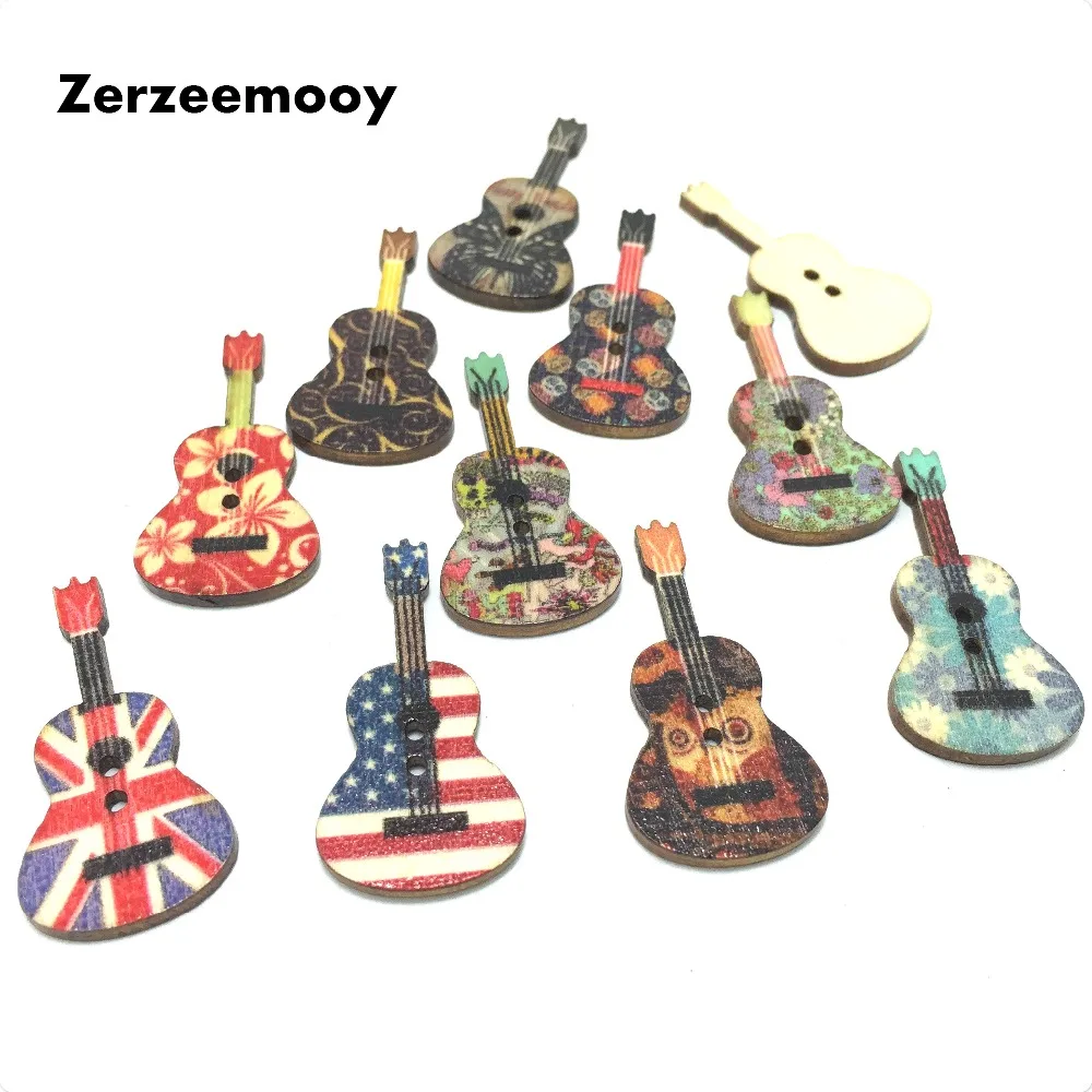 100 PCs Wood Sewing Scrapbooking Button Floral Guitar Two Holes Pattern 35x17mm  New Arrival Accessories 2