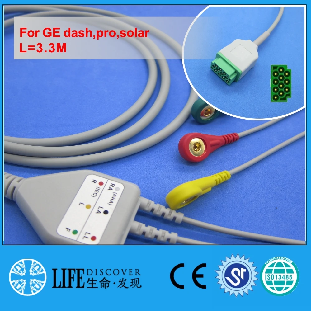 

one piece ECG cable with 3 snap lead wires for GE dash,pro,solar patient monitor