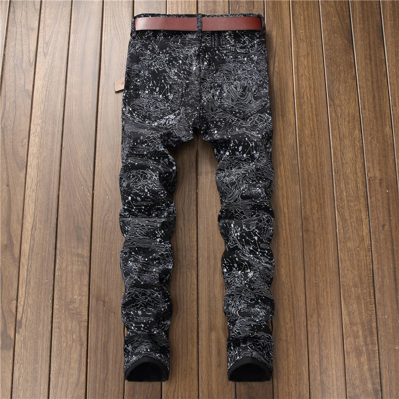 Sokotoo Men\'s slim black printed jeans Fashion stretch pencil pants