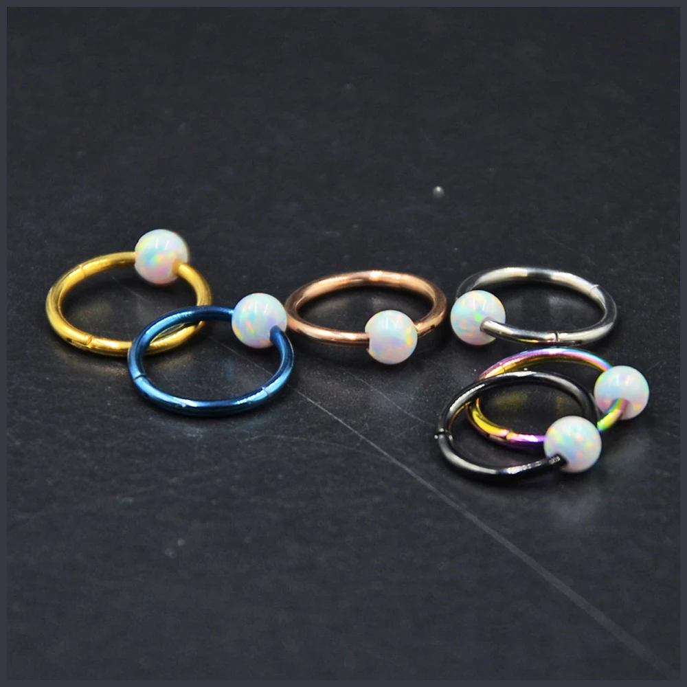 1PC G23 Titanium Opal Stone Hinged Segment Ring Lip Nipple Cartilage Tragus Helix Piercing Nose Septum Clicker With Opal Stone