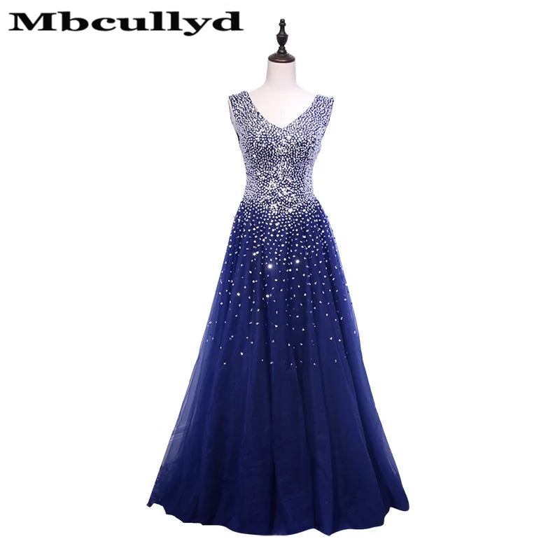 Mbcully Sexy V Neck Tulle Long Prom Dresses 2023 New Beaded Sequined A-line Evening Dress For Women Girls Vestido De Festa