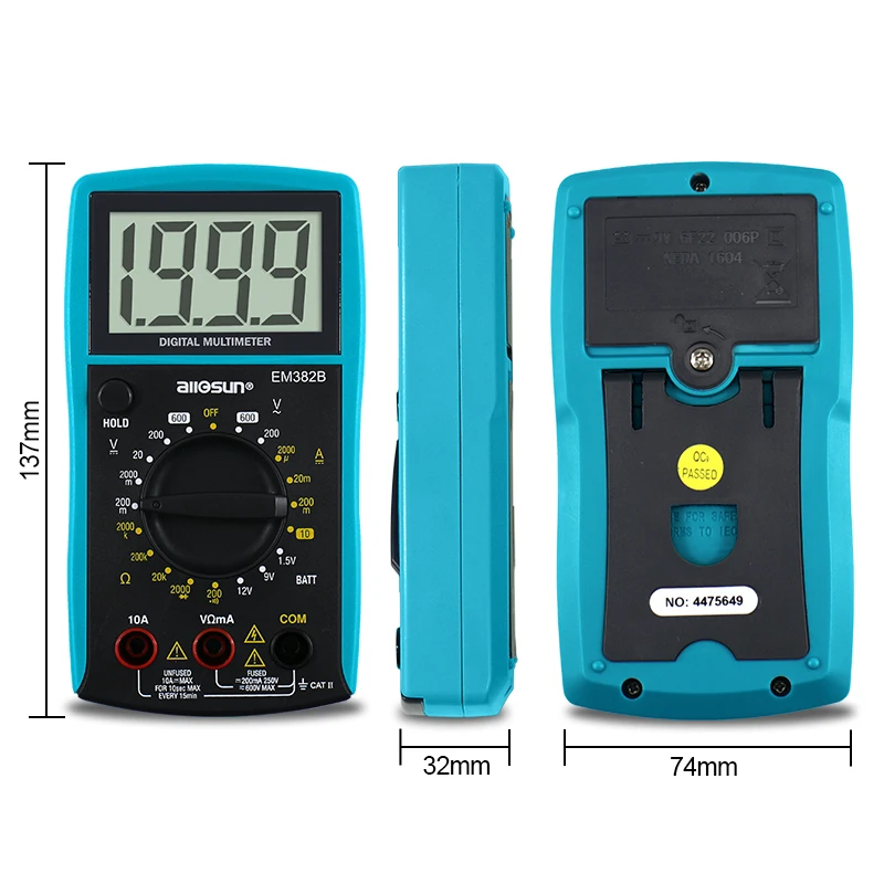 all-sun EM382B LCD Digital Multimeter DC/AC Voltmeter Continuity Battery Diode Tester