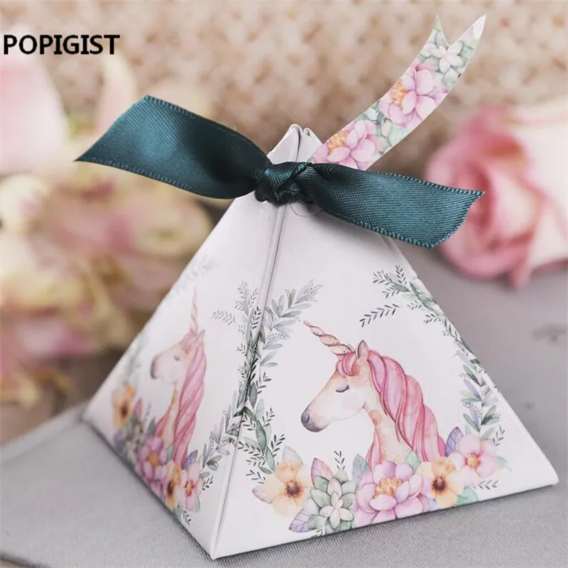 Unicorn Triangular Pyramid Wedding Favors Candy Boxes Bomboniera Party Gift Box beer Chocolate Box With Ribbons & Tags