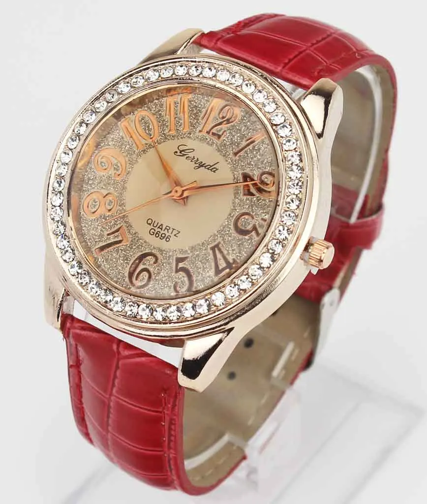 New Fashion Trendy Women Rose Gold Bling Dial Crystal Black White Pink Brown Leather Band Quartz Wrist Watch